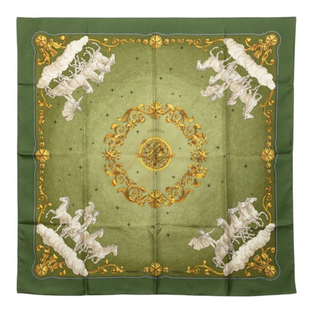Hermes Carre 90 COSMOS Scarf/Muffler, Green, Silk, Women's
